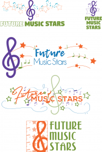 4 logo options featuring music symbols and the words Future Music Stars in bright colors like purple, orange, lime green, and turquoise